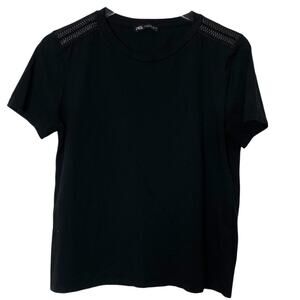 Zara Black Tee w/ Woven Faux-Leather Shoulder Appliqué